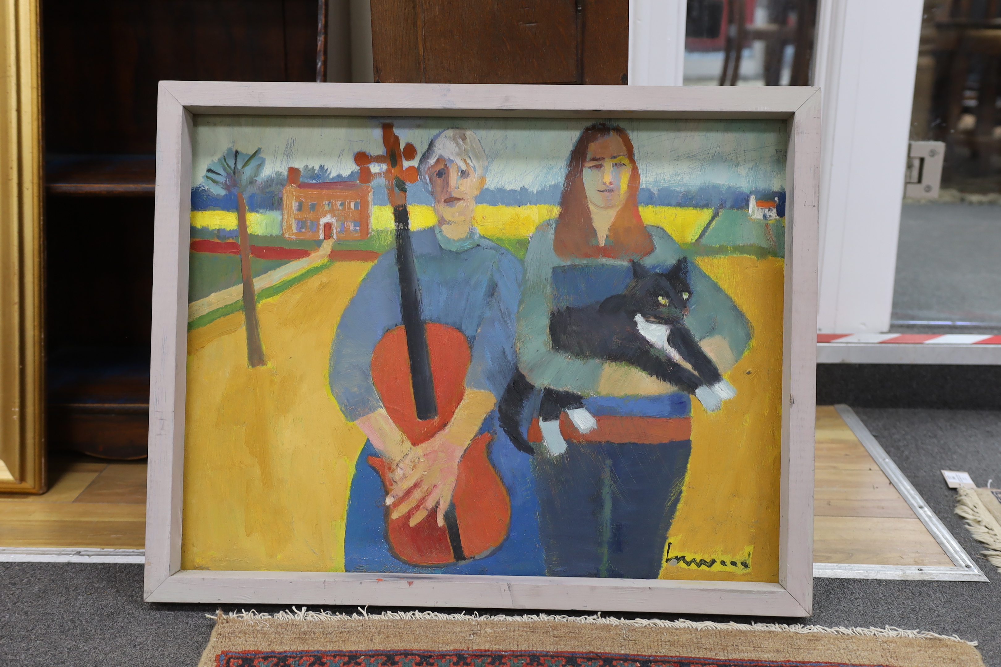 Derek Inwood (1925-2012), one pastel and one oil, ‘Cat and guitar’ and 'The Lodge, Sherringham Park', each signed, largest 51 x 66cm